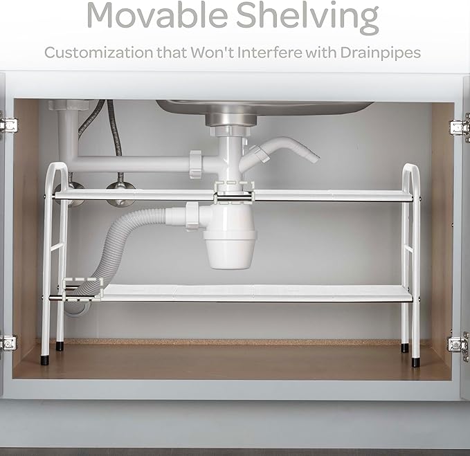 Under Sink Organizer - 2 Tier Adjustable Shelf Organizer with 8 Removable Panels - Kitchen or Bathroom Under Sink Organizers and Storage by Home-Complete (White)