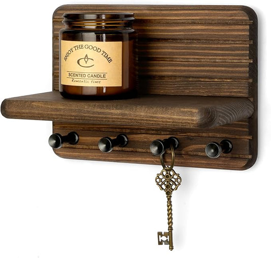 Rebee Vision Small Farmhouse Key Holder Wall Mount for Home Decor – Mini 7-inch Wooden Key Holder for Wall with 4 Hooks & Floating Shelf - Apartment Essentials for a Tidy & Trendy House (Brown)