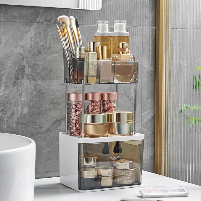 FORUP Makeup Organizer for Vanity, 2-Tier 1-Drawer Bathroom Counter Organizer, Multi-Purpose Vanity Organizer, Skincare Perfume Organizers for Vanity Bathroom Countertop, Grey