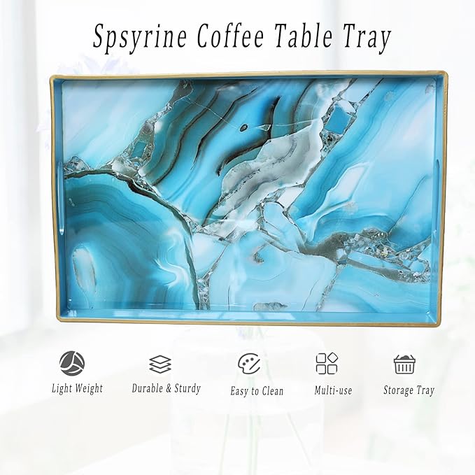 Spsyrine Decorative Tray, Plastic Marble Serving Tray with Handles for Breakfast, Ottoman, Coffee Table, Bathroom, Kitchen, Living Room 15.6â X 10.2"