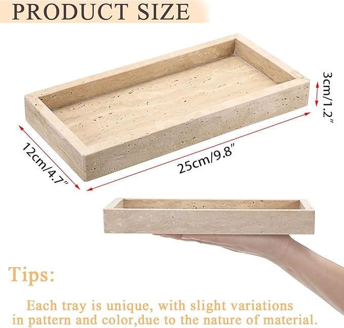 Hipiwe Natural Travertine Tray Vanity Decorative Tray Rectangular Perfume Trays Bathroom Countertop Storage Catchall Trays for Vanity Jewelry Trinket Candles Organizer, 9.8"x4.7"x1.2"