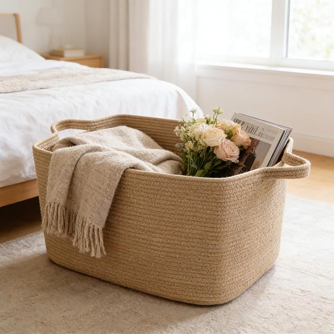 Magazine & Newspaper Baskets,Large Woven Rope Blanket Basket,24"x16"x15"Storage Bin with Handle,Toys Storage,Laundry Basket for Home Organization/Living Room/Nursery/Bedroom,Jute