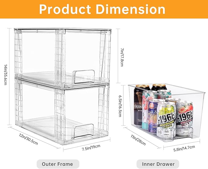 4 Pack Large Stackable Storage Drawers,Clear Acrylic Drawer Organizers with Handles, Easily Assemble for Kitchen Undersink,Bathroom,Cabinet,Makeup,Closet,Pantry,Organization and Storage