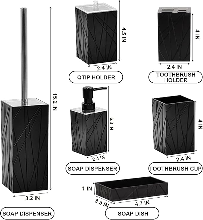 Bathroom Accessory-6Pcs Black Bathroom Accessories Set Includes Soap Dispenser, Toothbrush Holder and Cup, Soap Dish, Toilet Brush and Holder, Qtip Holder
