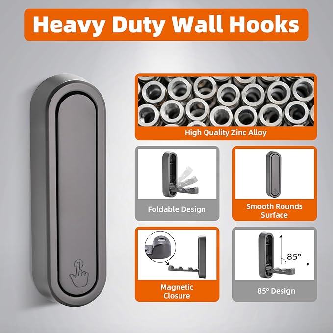 Folding Wall Hooks, 4pcs Foldable Coat Hooks, Heavy Duty Folding Hook for Hanging Coats Towel Hat Backpack, Gray
