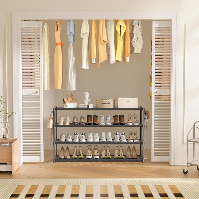 Extra Long Shoe Rack 4 Tier Shoe Storage Organizer with 2 Hooks, Wide Stackable Shoe Organizer Racks for Closet Entryway,Shoe Shelf Stand Sturdy Durable Shoes Holder Save Space Up to 26Pairs