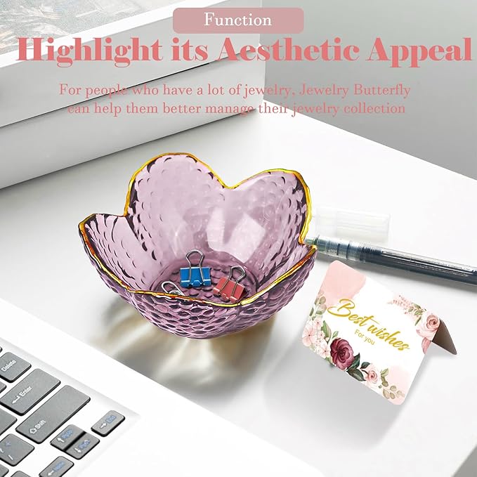 Purple Flower Jewelry Dish Glass Ring Holder Dish Jewelry Tray Cute Vanity Organizer Aesthetic Nightstand Bathroom Room Decor Trinket Dish Valentine's Friendship Christmas Birthday Gifts for Women