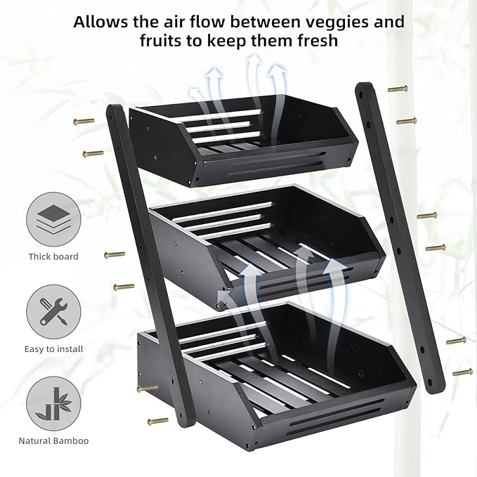 Fruit Basket, 3 Tier Bamboo Fruit Bowl for Kitchen, Fruit Vegetables Stand Storage Holder, Idea Home Kitchen Countertop Organizer