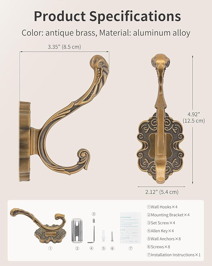 Vintage Coat Hooks Wall Mount, Unique Heavy Duty Wall Hooks for Hanging Towel Key Purse Hat Robe Clothes Decorative Hook for Bathroom Shower Closet Entryway Antique Brass 4 Pack