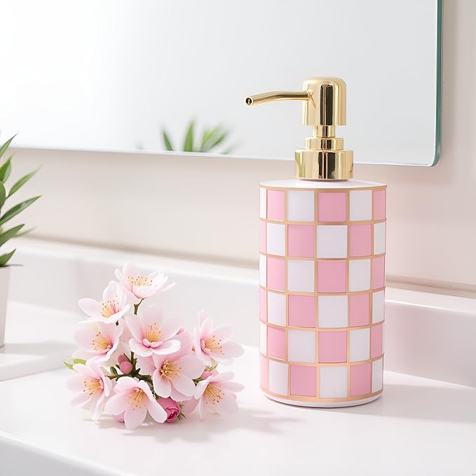 Checkered Bathroom Soap Dispenser,Gold Pump Ceramic Soap Dispenser,Kitchen Checkerboard Empty Pump Bottle,Bath Countertop Storage Organizer,Checkered Bathroom Decor (Pink)