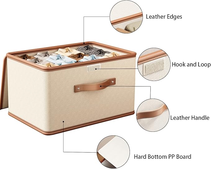 Tuza 4 Pack Storage Bins with Lids, Collapsible Closet Organizer Container, Fabric Organizer Box with Handles, Decorative Storage Boxes with Lids for Organizing Clothes, Blanket, White, Extra Large