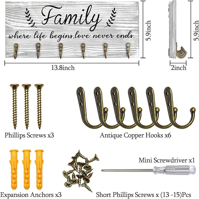 AHYS Key Holder Wall Mount Rustic Wooden Key Rack with 6 Hooks for Farmhouse Home Entryway Living Room Decor - Light Grey