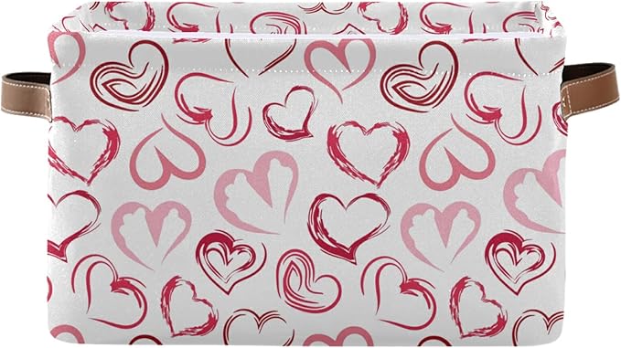 Pink Love Large Foldable Storage Basket,Valentines Day Storage Bin Fabric Collapsible Organizer Bag with Handles 15x11x9.5 inch