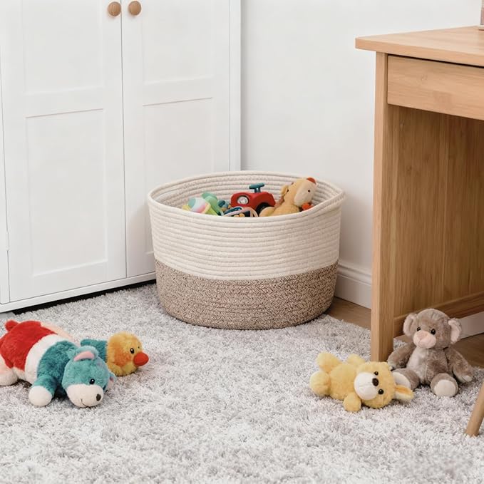 Storage Basket,Cotton Rope Woven Baskets for Organizing,Medium Soft Basket for Toys,Nursery,Bedroom, Gift Baskets for Home Decor,14"Ã11"Ã10",White-Brown