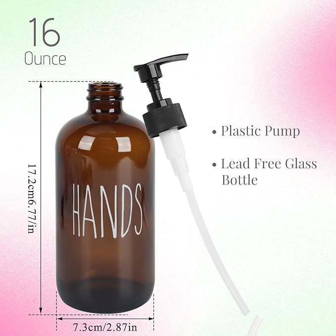 Dish Soap Dispenser with Plastic Pump for Kitchen - 16 OZ Glass Hand Soap Dispenser Set - Kitchen Bathroom Decor and Accessories (Dark Brown)
