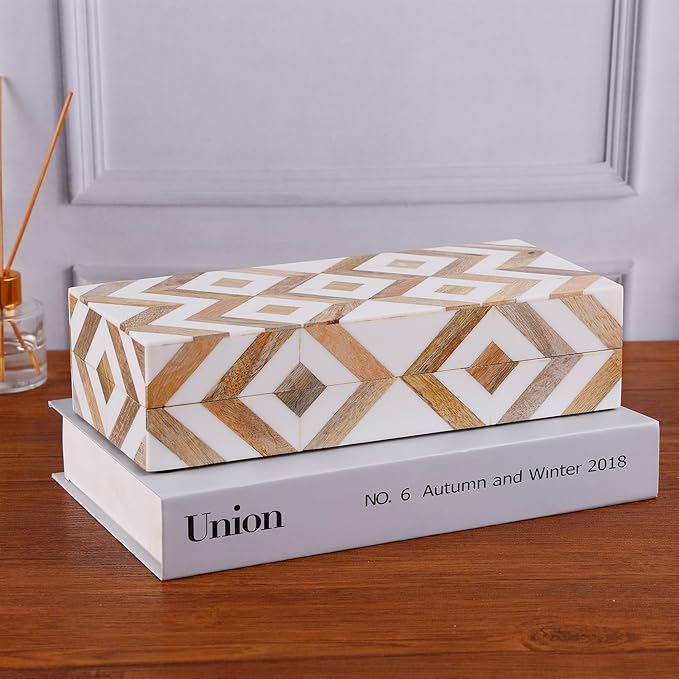 Handicrafts Home White Decorative Box with Lid–Marquet Resin Inlay & Wood Decorative Boxes for Home Decor, Decor, Storage Box for Jewellery & Keys White Brown Neutral Decorative Storage Box-10x4.5x2.5