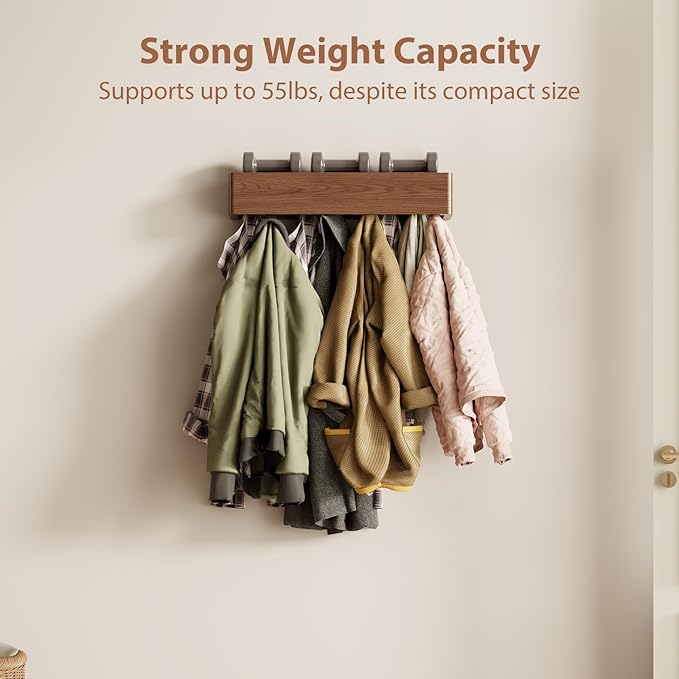 Solid Wood Wall Mounted Coat Rack with Shelf Hooks - Modern Floating Shelves with 5 Hidden Hooks, Heavy Duty Entryway Coat Key Holder Hanger for Hallway Bathroom Bedroom Home Decor