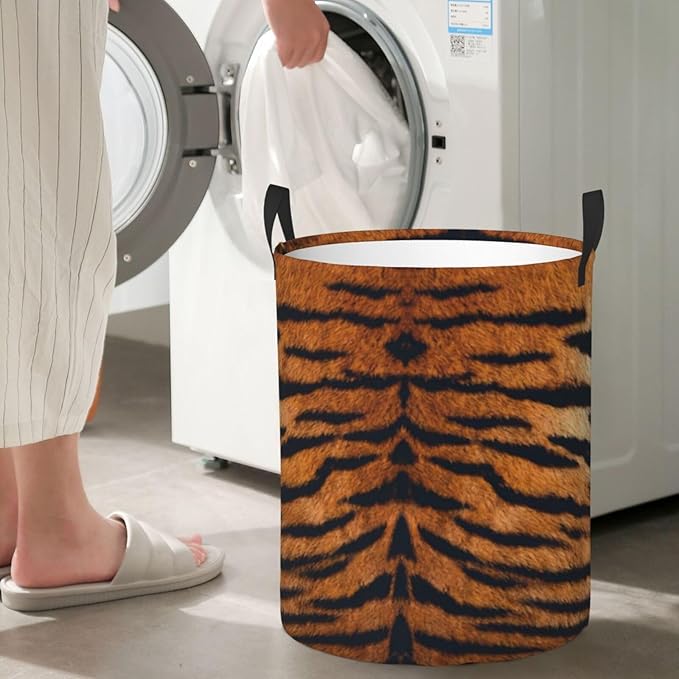 Tiger Animal Texture Round Laundry Hamper Storage Basket Toys Clothes Organizer Bin For Home Bathroom Bedroom Dorm Nursery, 38l