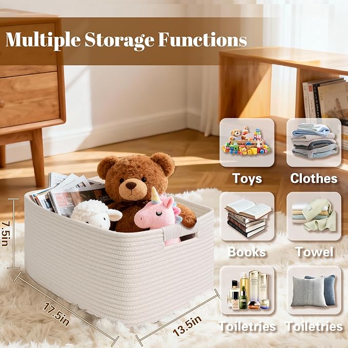 2 Pack Large Storage Basket for Organizing, 17"x12"x7.5" Woven Basket for Shelves, Closet Cube Storage Bins with Wrapped Handle, Cotton Rope Baskets for Kitchen, Clothes, Toys(Off White)