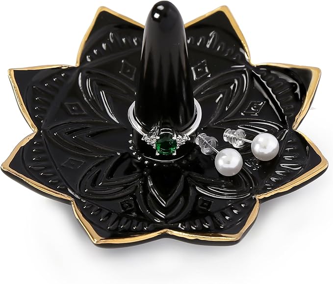 Ceramic Ring Holder for Jewelry,Black Mandala Ring Dish Jewelry Dish Jewelry Holder,Room Decor,Engagement Wedding Birthday Gifts for Couples Women