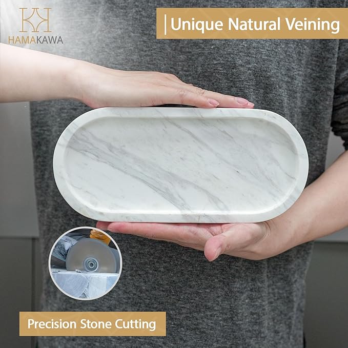 Oval Bathroom Vanity Tray, Large Natural Marble Tray 10 inch, Volakas White Stone Soap Trays, Modern Perfume Trays, Countertop Organizer for Kitchen, Coffee Table, Home Decor