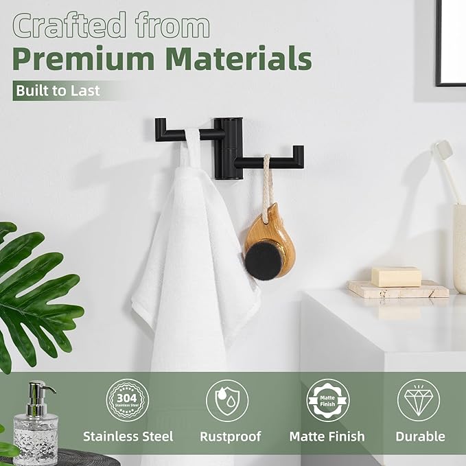Matte Black Swivel Towel Hook 2 Arms, 304 Stainless Steel Bathroom Double Towel Holder, Wall Mounted