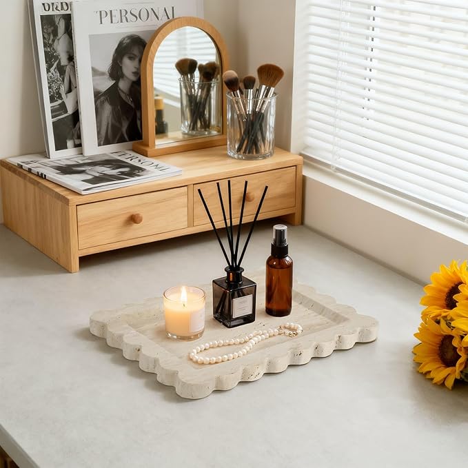 Luxury Beige Travertine Tray with Scalloped Edge, 11"x8" Rectangle Vanity Tray for Bathroom & Kitchen Counter, Decorative Organizer Tray for Dresser, Coffee Table, Home DÃ©cor