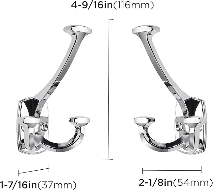 Large Wall Double-Sided Hook 10 Pack Polished Chrome Hook Decorative Heavy Duty Solid Large Coat Hooks for Towel Hanging Coats Robe Towel Bags Door Back 2 Prong Hooks