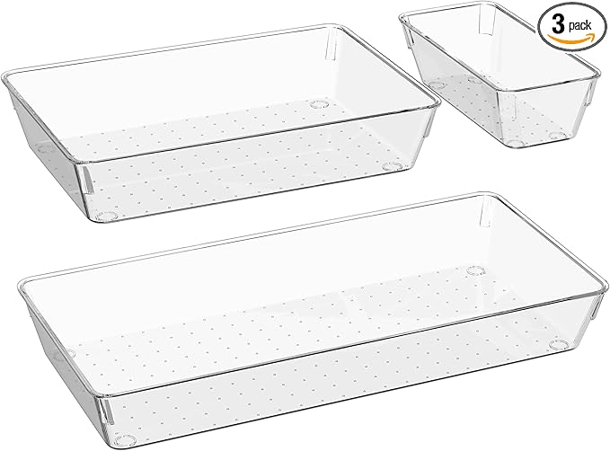 3 PCS Large Drawer Organizer, 3Sizes Plastic Versatile Desk Drawer Organizer Trays with Non-Slip Silicone Pads, Storage Bins for Makeup, Office, Kitchen Gadgets Utensils, Bedroom, Tools, Bathroom