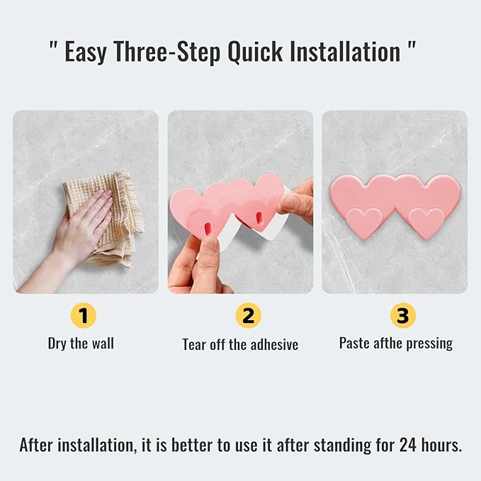 4 Packs Heart Shaped Wall Hooks - Adhesive Coat Rack Mount, Damage Free Hanging Hooks for Bathroom Kitchen Decor (Pink)