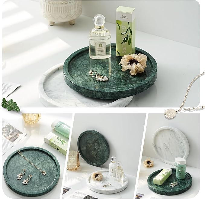 Natural Marble Tray, Round Green Tray for Bedroom/Bathroom/Kitchen/Vanity Countertop, Jewelry Tray for Rings Earrings Necklace Bracelet Watch, Room Decor Aesthetic