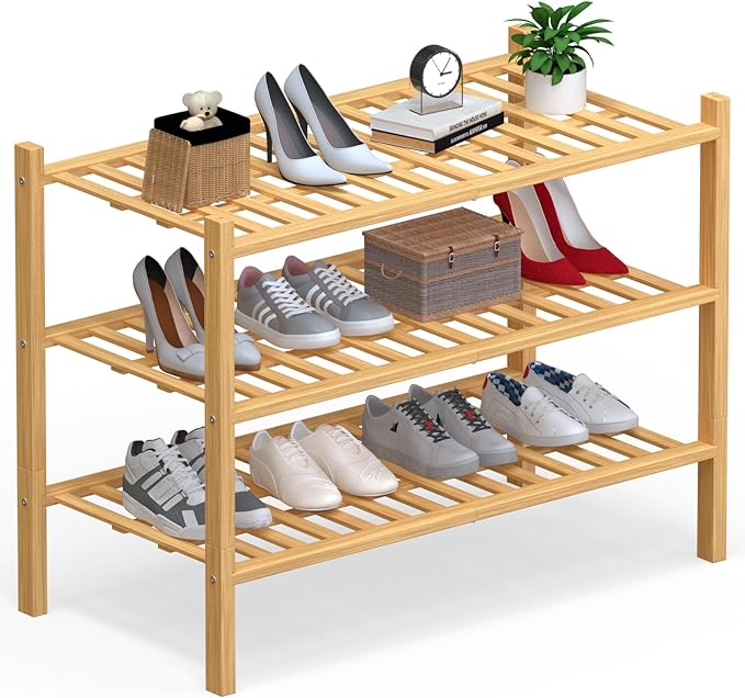 Haddockway Large 3 Tier Bamboo Shoe Rack Storage Organizer, Multifunctional Free Standing Stackable Shoe Shelf with Grid Panel for Closet,Hallway,Entryway,Small Space 27"x12"x21"