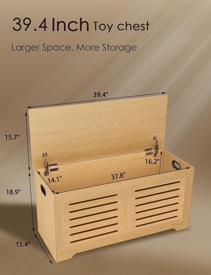 DINZI LVJ Storage Chest, 39.4âWooden Storage Box with 2 Safety Hinges, Entryway Shoe Bench with Flip-Top, Farmhouse Style Trunk for Living Room, Bedroom, Play Room, Easy Assembly, Natural