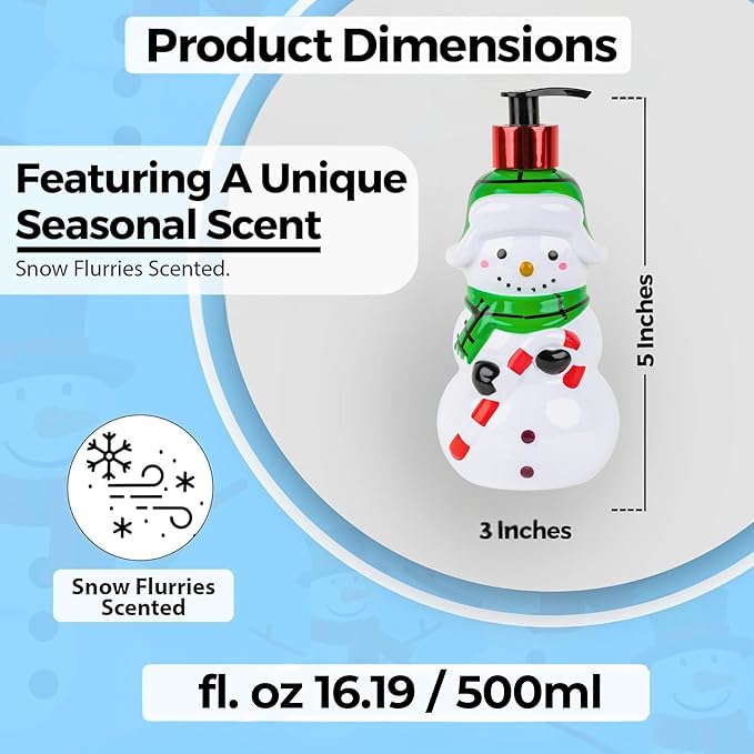 Simple Pleasures Snow Frosting Hand Soap Dispenser – 16.9 fl oz Refillable Holiday Soap, Ceramic Snowman Design with Candy Cane & Green Scarf – Festive Winter Bathroom & Kitchen Décor Gift