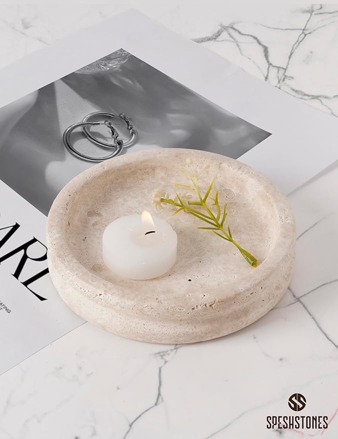 Marble Jewelry Dish 5 Inch Handmade Travertine Ring Holder - Trinket Tray for Vanity & Aesthetic Room Decor, Stone Key & Candle Plate for Entryway Table
