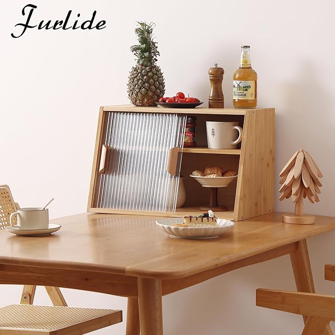 Wooden Countertop Storage, Small Bamboo Kitchen Pantry Sideboard with 2 Glass Sliding Door, Pantry Storage Cabinet for Kitchen, Living Room, Dinning Area and Bathroom, Wood