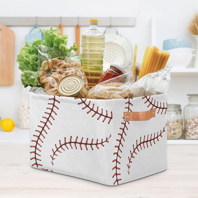 AUUXVA Storage Basket Baseball Stitches Storage Cube Box Sport Baseball Basket Softball Canvas Collapsible Toy Storage Bin Shelf Kids Gift Basket with Handles, 1Pc