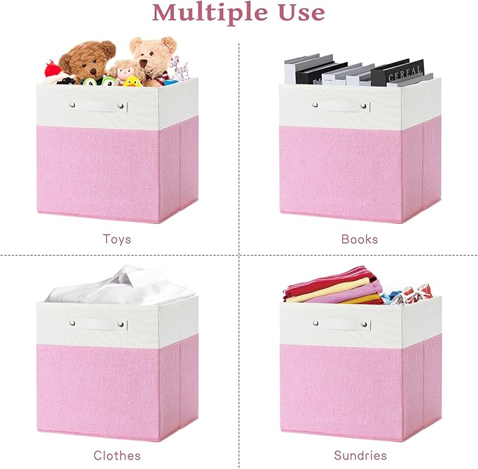 13 x 13 Inch Fine Linen Storage Bins with Handles，Fabric Cube Boxs，Basket Organizers for Shelves for Home, Closet Drawers (White/Pink-6 Pack)