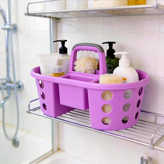 Large Shower Caddy Portable 2PC - Made in USA Plastic Jumbo Size Dorm Storage Candy Tote with Handle Shower Organizer for Bathroom, Pantry, Kitchen, College Dorm, Purple