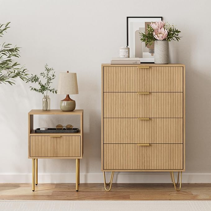Masupu 4 Drawer Dresser, Drawer Chest, Tall Storage Dresser Chest Cabinet Organizer Unit with Gold Metal Legs, Nightstand for Bedroom, Living Room, Closet, Hallway Natural Stripe