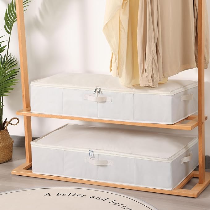 Clothes Organizers, Under Bed Storage Containers, Storage Bins With Lids and Reinforced Handles, Beige, 3 Pack, 23.6 x 11.8 x 5.9 Inch