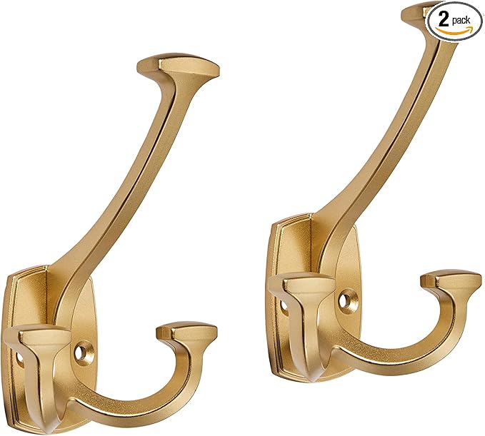 2 Pack Gold Hooks Large Wall Mounted Solid Heavy-Duty Decorative Double-Sided Matte Gold Coat Hooks for Coats,Hats,Backpacks,Bags Closet,Entryway,Laundry Room,Office