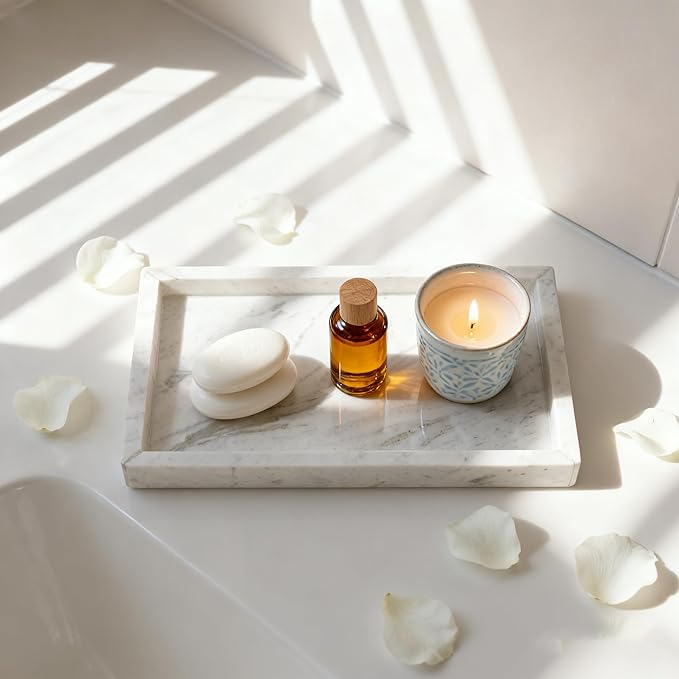 Natural Marble Vanity Bathroom Tray, 10" x 6.1" x 0.9" Not Plastic, Real Stone Home Decor Tray for Bathroom,Countertop,Kitchen, Sink Storage Holder Organizer for Soap Candles Perfume