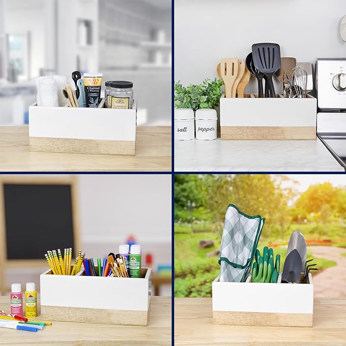 AuldHome Design Wood/Enamel Utensil Holder, Mango Wood 3-Compartment Farmhouse Cooking Caddy or Spoons/Forks/Knives Storage