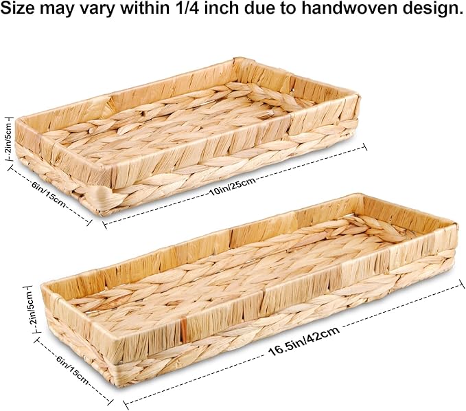 Rectangle Bathroom Tray, 10" Bathroom Over Toilet Tank Tray Water Hyacinth Wicker Basket for Bathroom Counter Long Narrow Badtub Hand Towel Storage Basket for Home Decor, Rattan Yellow