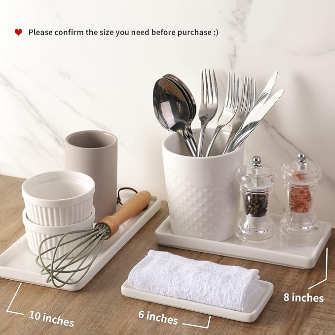 Gurygo 2 Pack 8"/10" Bathroom Trays, Ceramic Vanity Trays for Bathroom, Small Ceramic Tray, Kitchen Soap Tray for Kitchen Counter (White,Set/2)