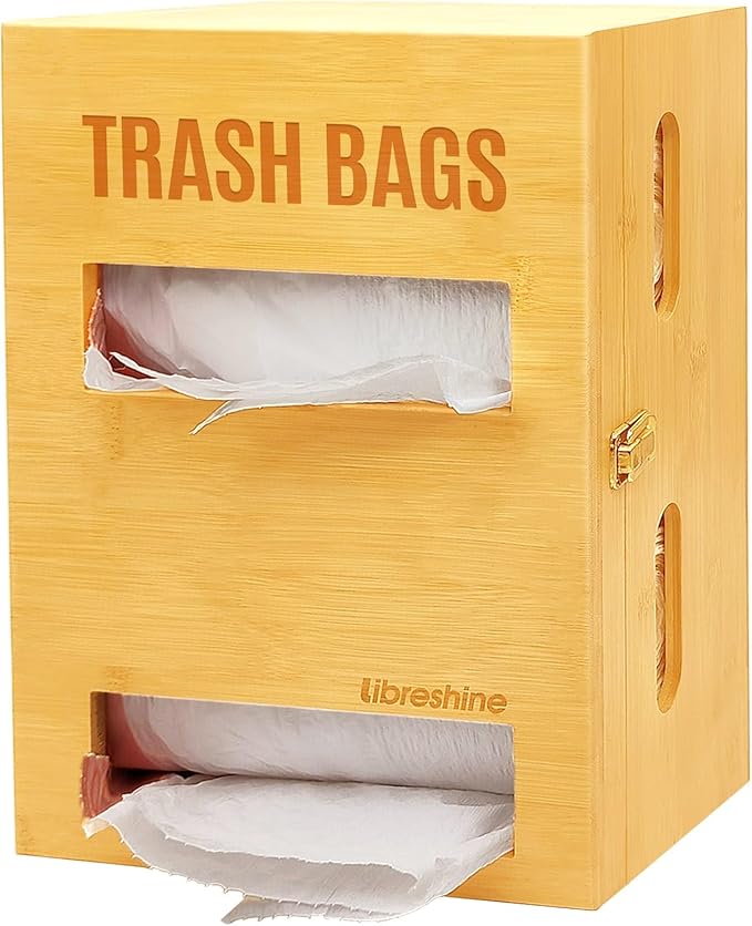 Bamboo Double Trash Bag Holder Dispenser – Wall Mount or Cabinet Storage for Kitchen/Pantry/Laundry, Holds 2 Standard Rolls – Space-Saving Garbage Bag Organizer with Easy Access