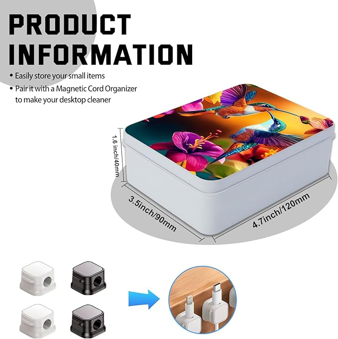 Metal Tin Box with Lid for Game Cards Home Organizer Candles Keys Crafts Storage - Equipped with 4 Magnetic Cord Clips，Hummingbirds and flowers