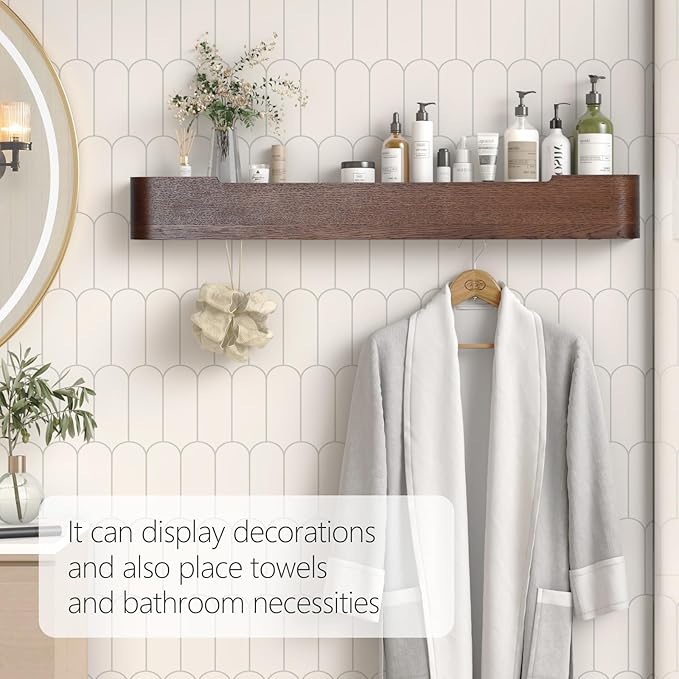 Coat Rack Wall Mount with Shelf 8 Hidden Hooks Modern Wooden Key Holder Entryway Organizer for Hallway Bedroom Bathroom Home Decor Storage for Hanging Coats Hats Bags Towels, Walnut