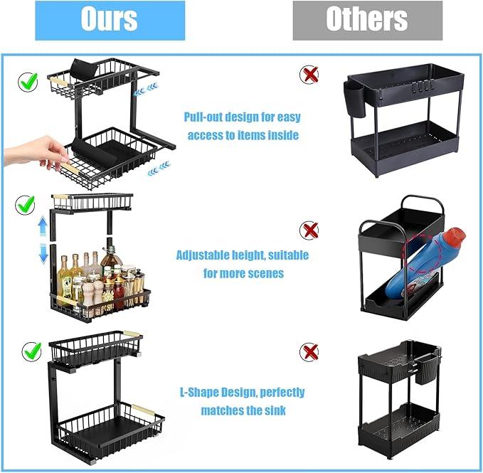 LUWUIDEN Under Sink Organizer and Storage: 2-Tier Adjustable Height Under Sink Bathroom Organizers Multi-Purpose Bathroom Cabinet Pull Out Drawers for Kitchen with Hooks (Black)